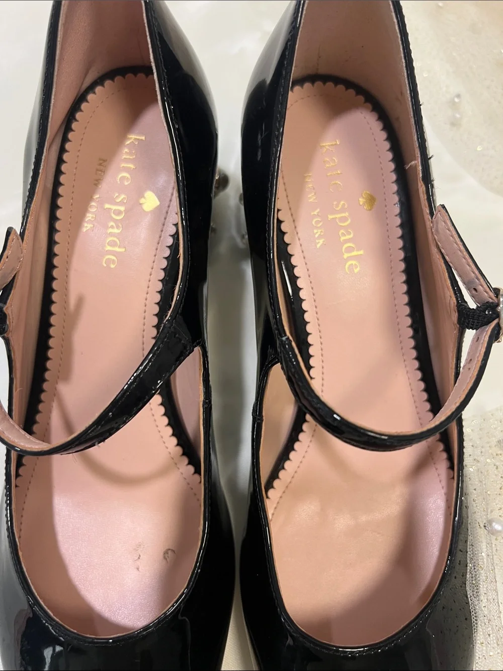kate spade Black Patent Leather Mary Jane Heeled shoes with Pearl Studs